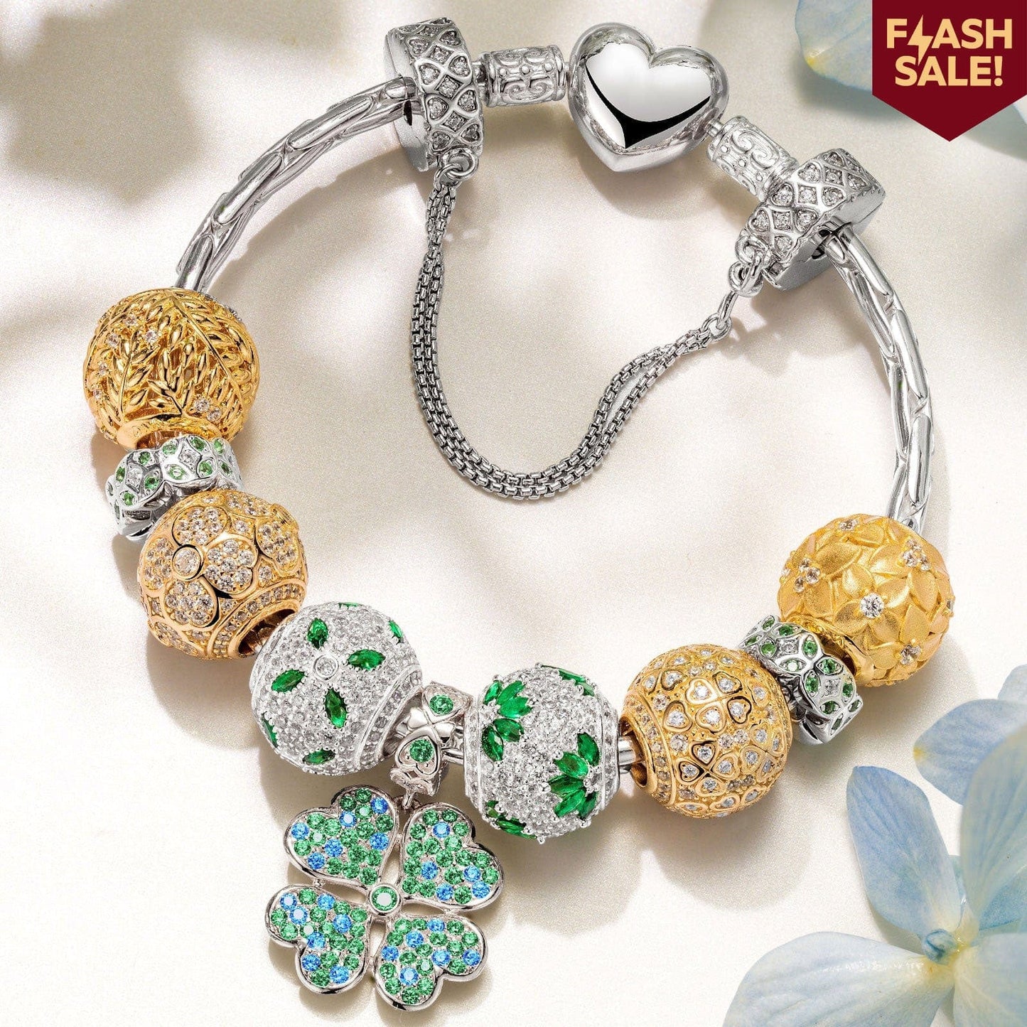Sterling Silver Clover Cascade Charms Bracelet Set In White Gold Plated (Includes bracelet and all charms shown)