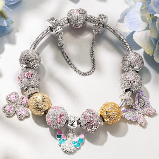 gona- Sterling Silver Lilac Butterfly Rosy Whispers Charms Bracelet Set With Enamel In White Gold Plated (Includes bracelet and all charms shown)