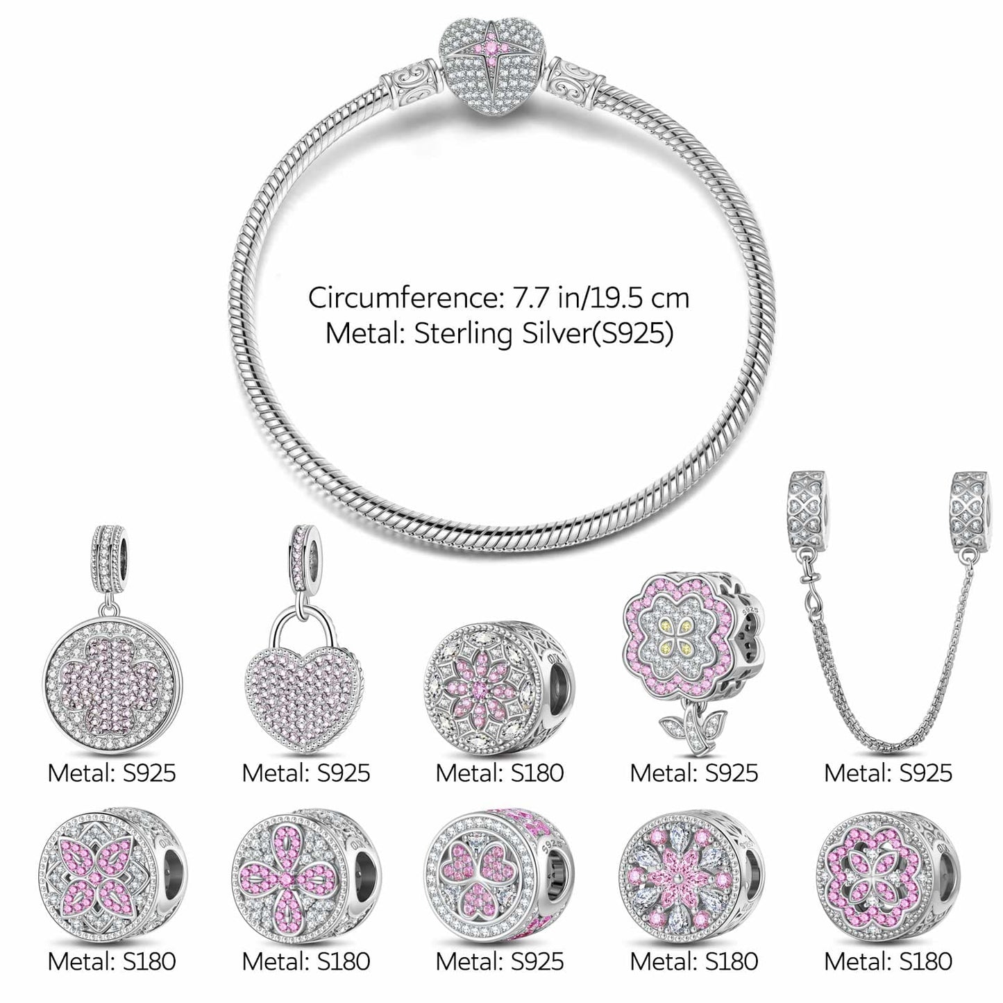 Sterling Silver Pink Clover Bloom Charms Bracelet Set In White Gold Plated (Includes bracelet and all charms shown)