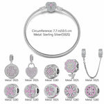 Sterling Silver Pink Clover Bloom Charms Bracelet Set In White Gold Plated (Includes bracelet and all charms shown)