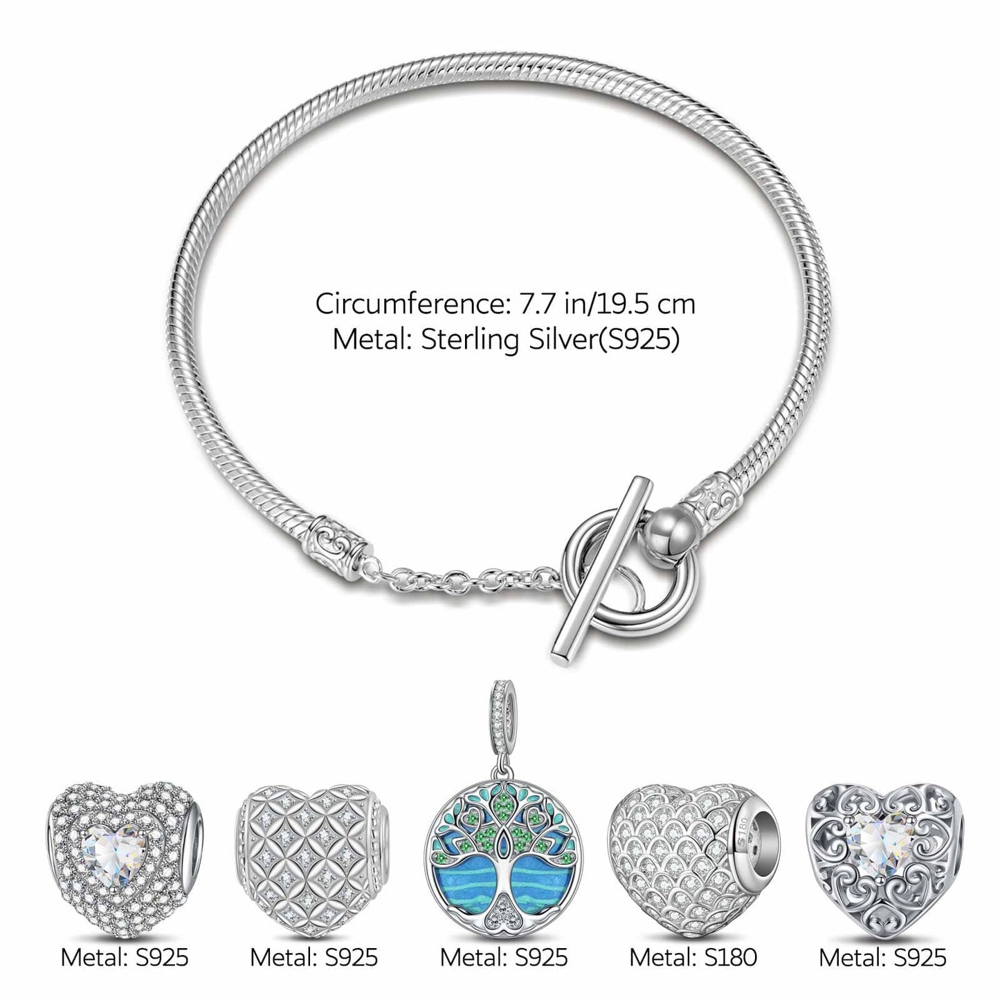 Sterling Silver Life Tree's Heartfelt Charms Bracelet Set With Enamel In White Gold Plated (Includes bracelet and all charms shown)