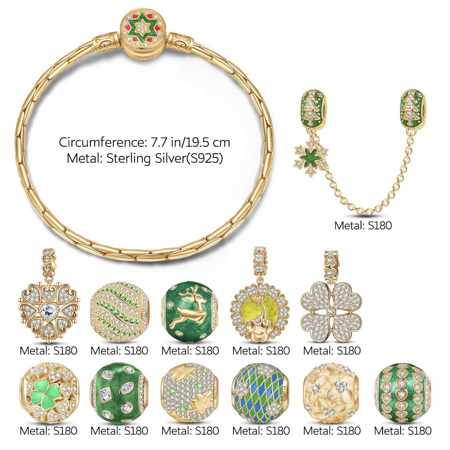 Sterling Silver Jade Delight Charms Bracelet Set With Enamel In 14K Gold Plated (Includes bracelet and all charms shown)