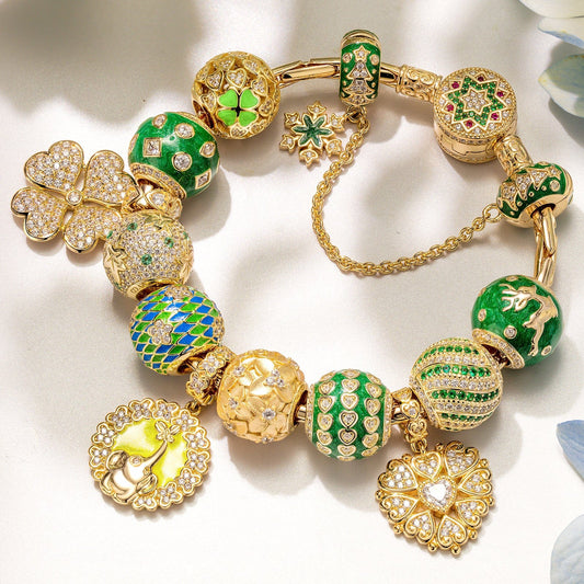 gona- Sterling Silver Jade Delight Charms Bracelet Set With Enamel In 14K Gold Plated (Includes bracelet and all charms shown)