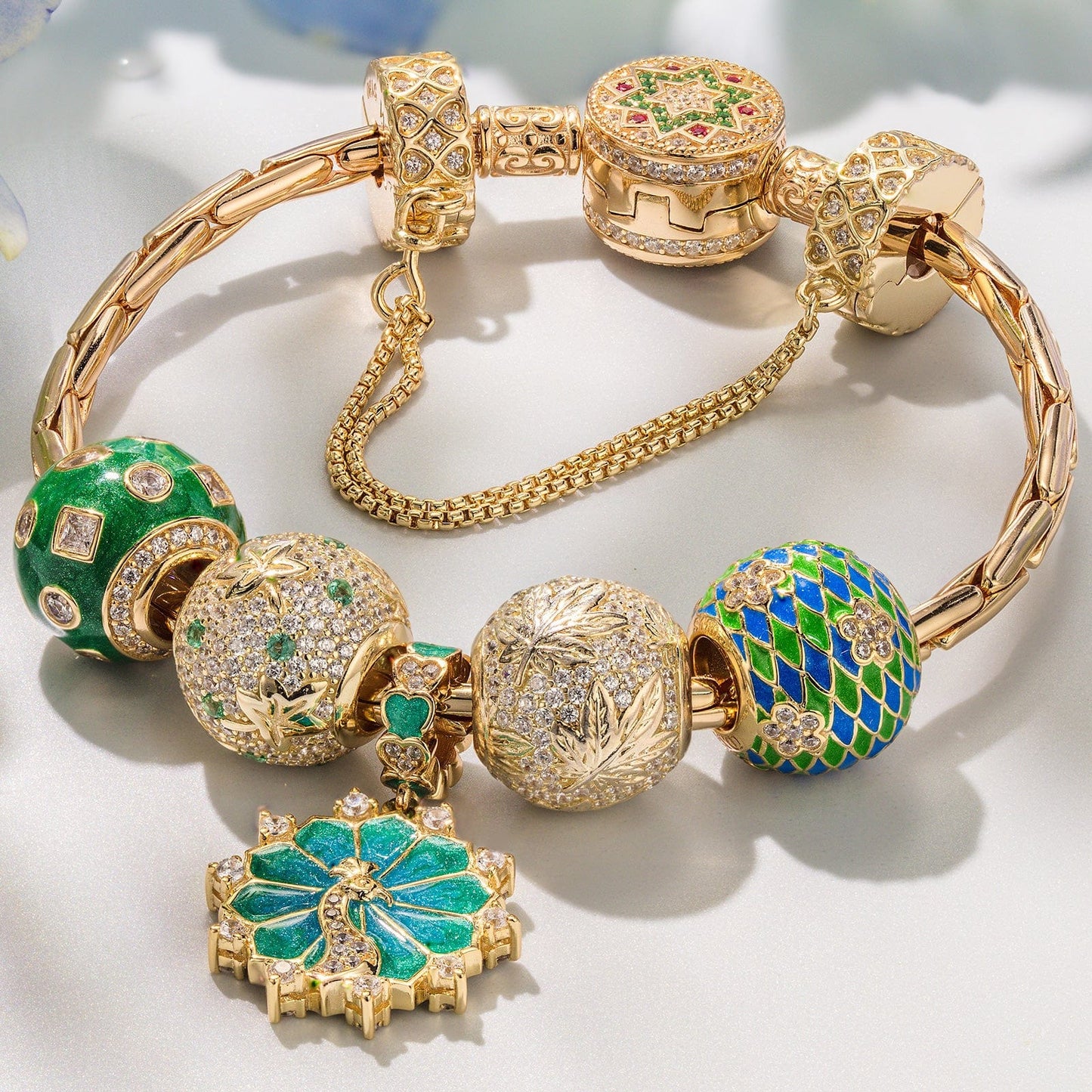 Sterling Silver Peacock Majesty Charms Bracelet Set With Enamel In 14K Gold Plated (Includes bracelet and all charms shown)