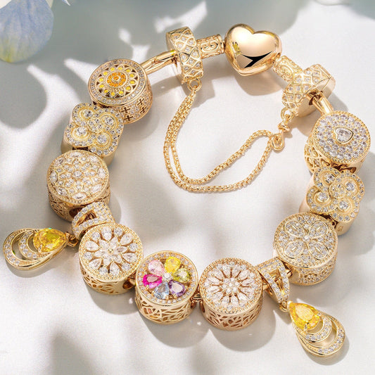 gona- Sterling Silver Blooming Petals of Love Charms Bracelet Set In 14K Gold Plated (Includes bracelet and all charms shown)