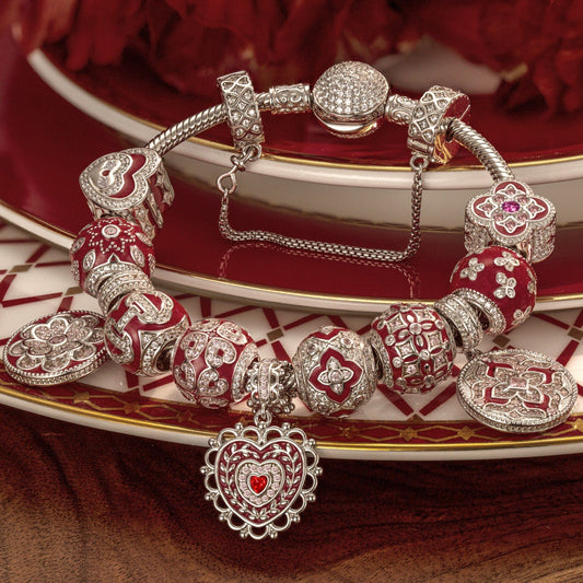 gona- Sterling Silver Eternal Grace Charms Bracelet Set With Enamel In White Gold Plated (Includes bracelet and all charms shown)