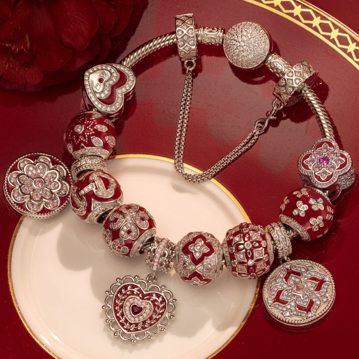 Sterling Silver Eternal Grace Charms Bracelet Set With Enamel In White Gold Plated (Includes bracelet and all charms shown)