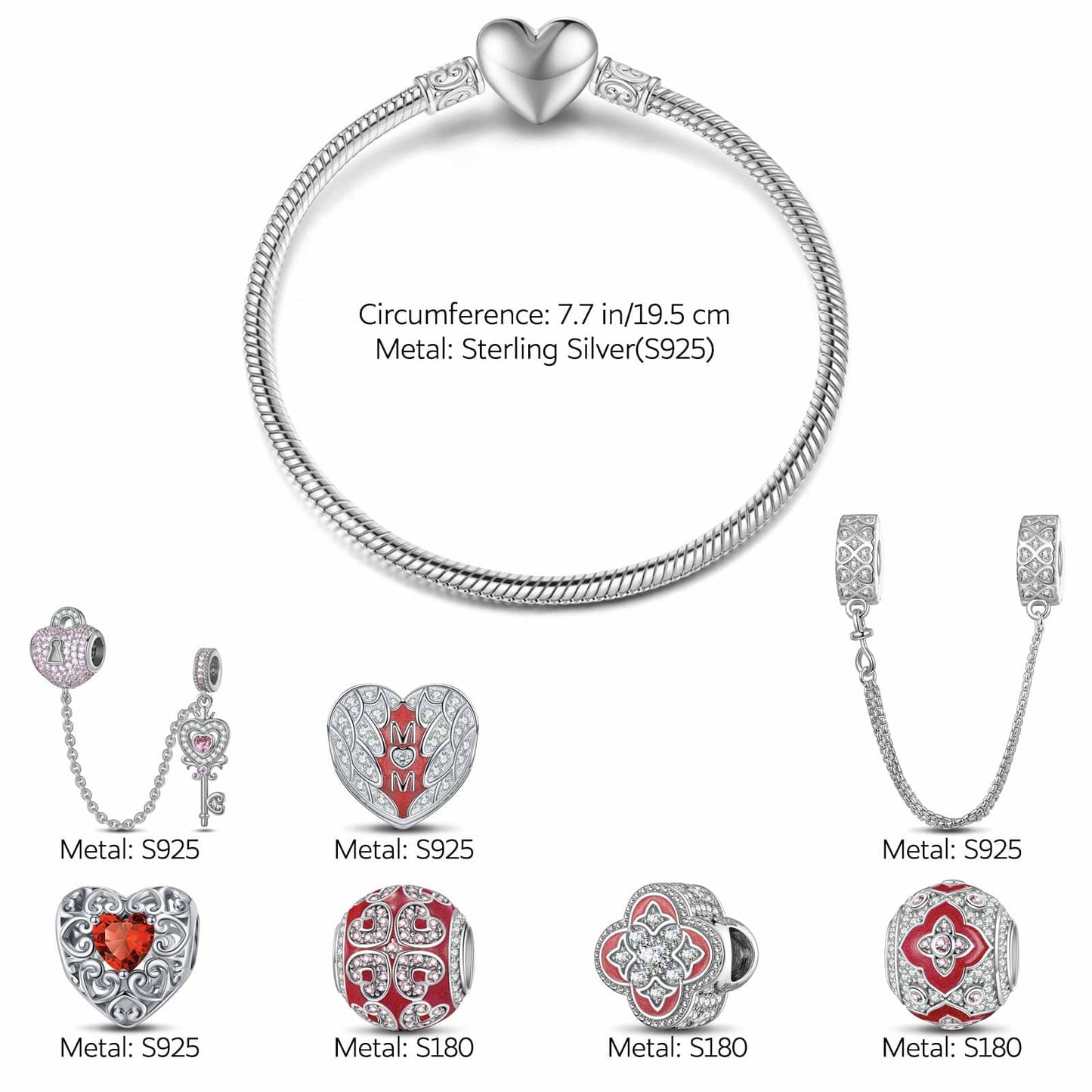 Sterling Silver Love and Light Charms Bracelet Set With Enamel In White Gold Plated (Includes bracelet and all charms shown)