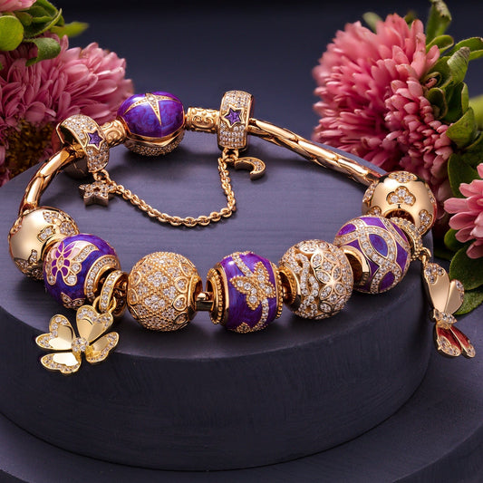 gona- Sterling Silver Wings of Spring Charms Bracelet Set With Enamel In 14K Gold Plated (Includes bracelet and all charms shown)