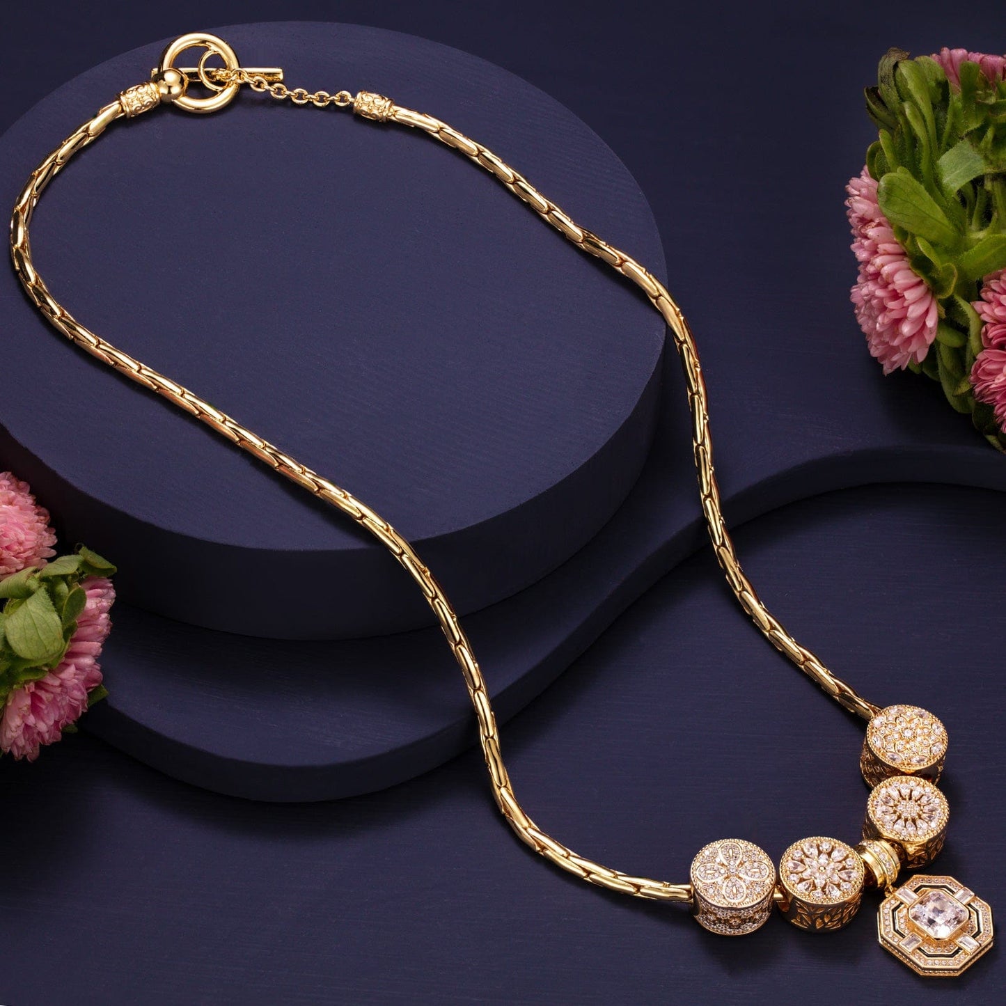 Sterling Silver Luminescent Elegance Charms Necklace Set In 14K Gold Plated
