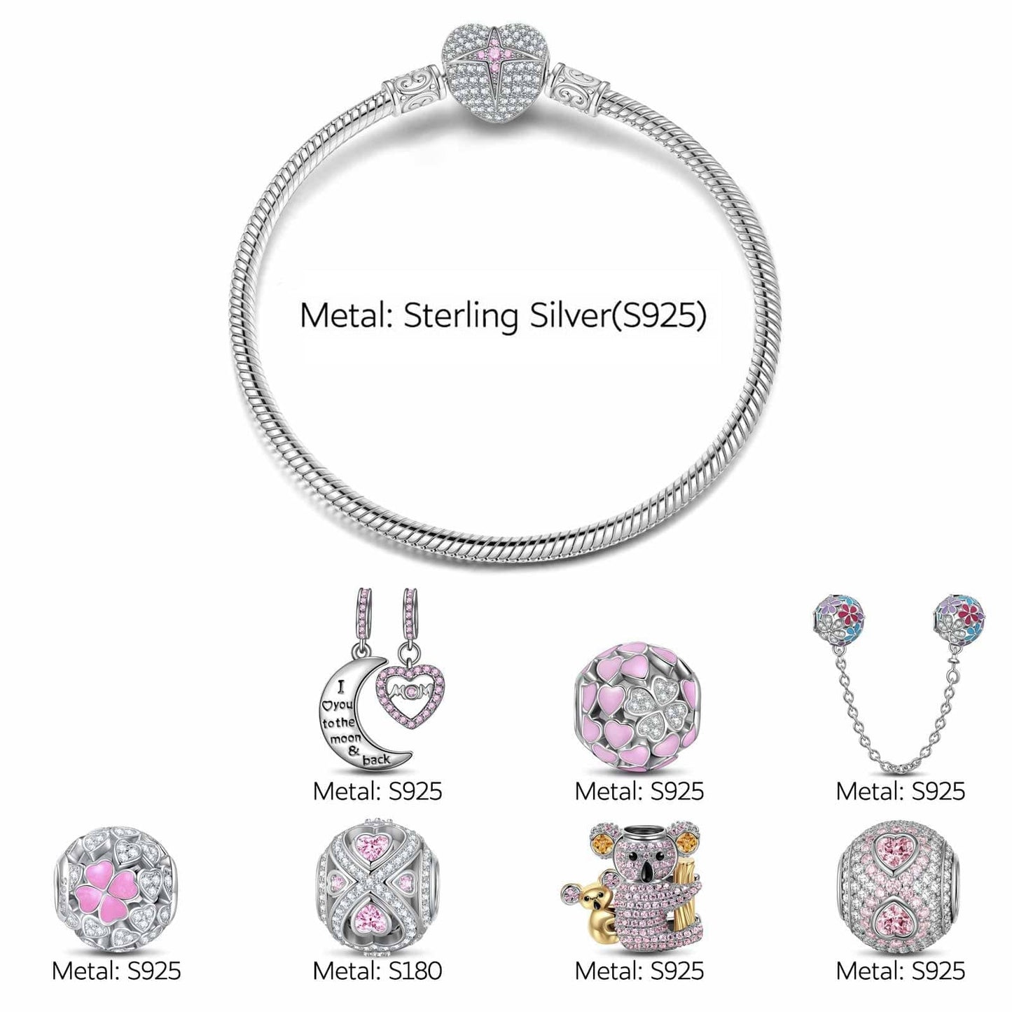Sterling Silver Motherly Love Eternal Charms Bracelet Set With Enamel In White Gold Plated (Includes bracelet and all charms shown)
