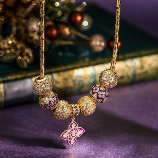 gon- Sterling Silver Clover Dance Charms Necklace Set With Enamel In 14K Gold Plated
