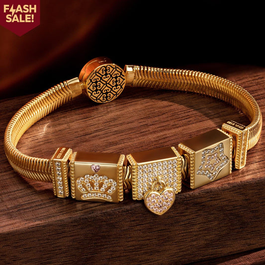 gona- Sterling Silver Stellar Princess Rectangular Charms Bracelet Set In 14K Gold Plated (Includes bracelet and all charms shown)