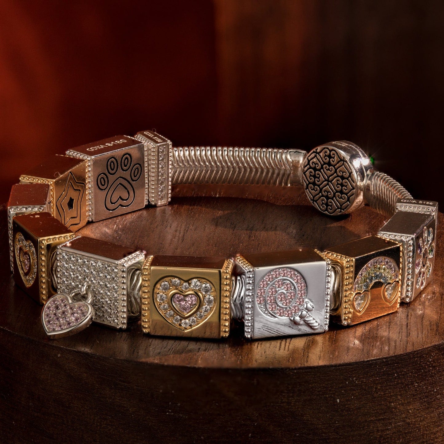 Sterling Silver Peaceful and Blissful Moments Rectangular Charms Bracelet Set, Featuring Dual Plating in 14K Gold and White Gold (Includes bracelet and all charms shown)
