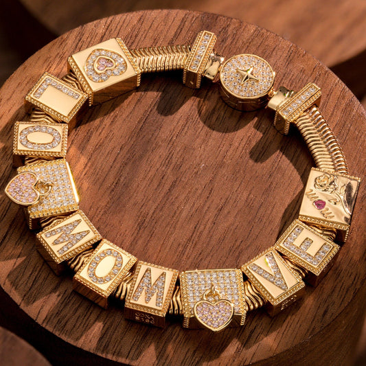 gona- Sterling Silver To My Dearest Mom Rectangular Charms Bracelet Set In 14K Gold Plated (Includes bracelet and all charms shown)