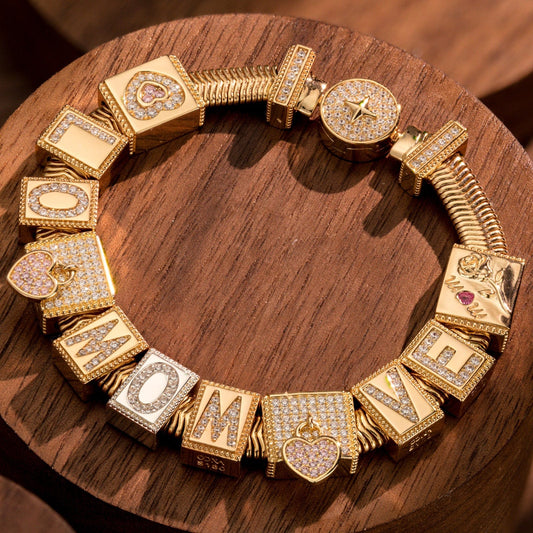 gona- Sterling Silver To My Dearest Mom Rectangular Charms Bracelet Set In 14K Gold Plated (Includes bracelet and all charms shown)