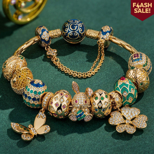 gona- Sterling Silver Resurrection Revelry Easter Eggs Charms Bracelet Set With Enamel In 14K Gold Plated (Includes bracelet and all charms shown)