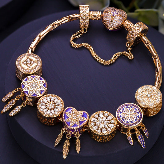 gon- Sterling Silver Dreamy Lullaby Charms Bracelet Set With Enamel In 14K Gold Plated (Includes bracelet and all charms shown)