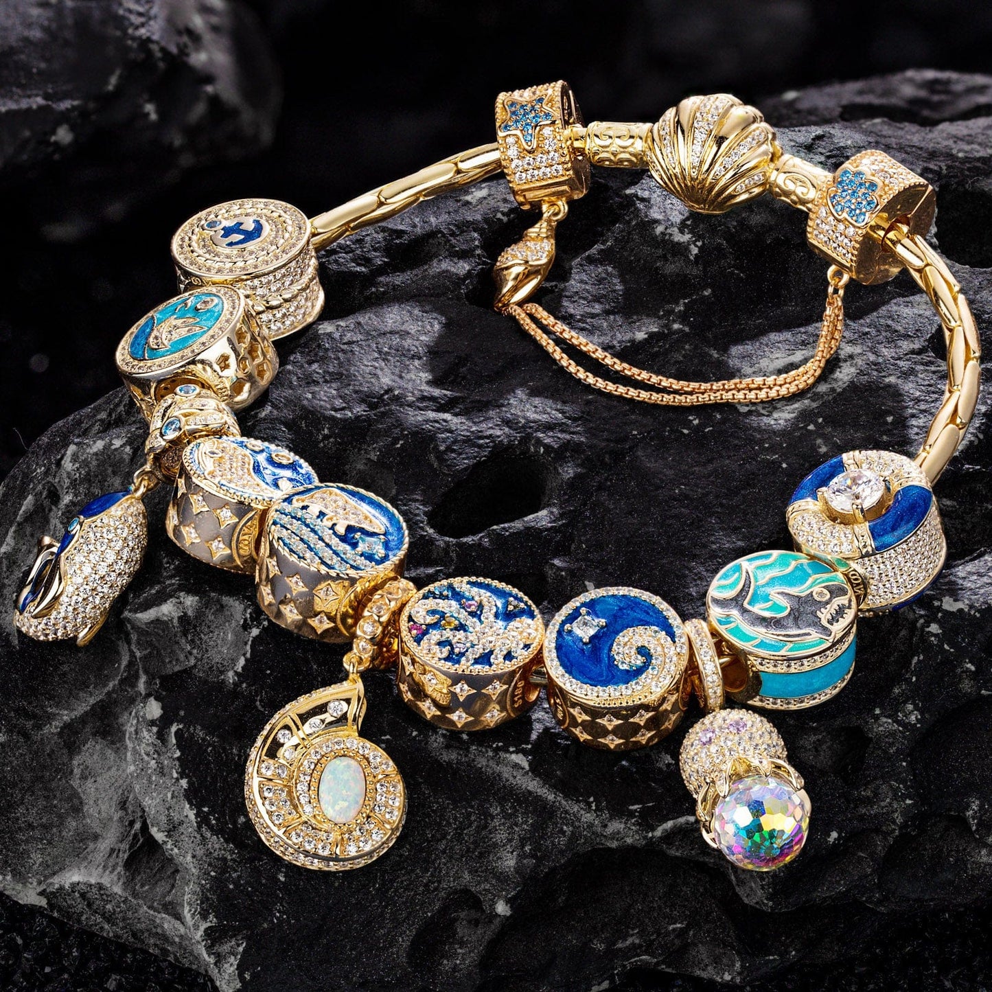 Sterling Silver Treasures of the Ocean Charms Bracelet Set With Enamel In 14K Gold Plated (Includes bracelet and all charms shown)
