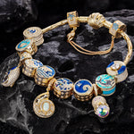 Sterling Silver Treasures of the Ocean Charms Bracelet Set With Enamel In 14K Gold Plated (Includes bracelet and all charms shown)