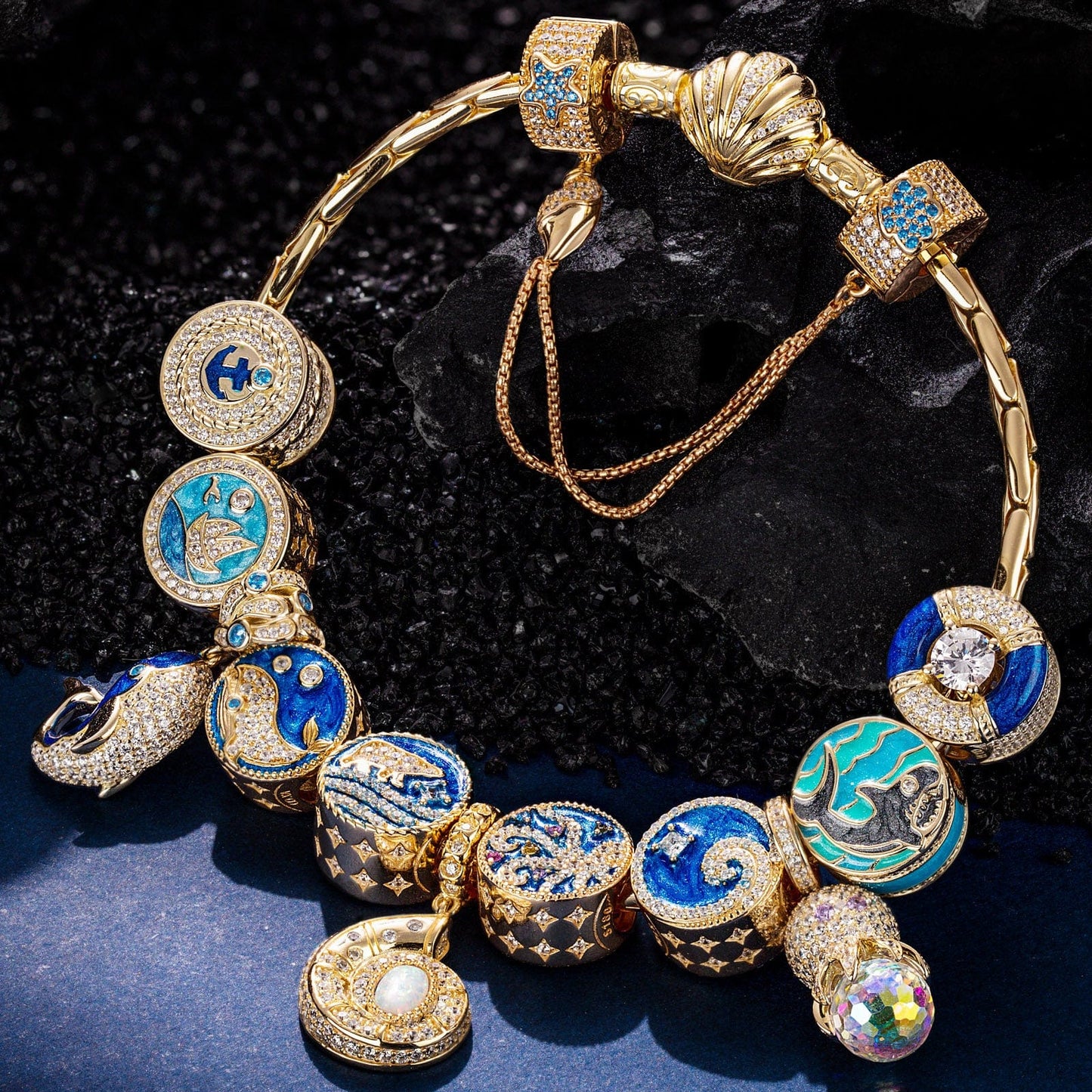 Sterling Silver Treasures of the Ocean Charms Bracelet Set With Enamel In 14K Gold Plated (Includes bracelet and all charms shown)