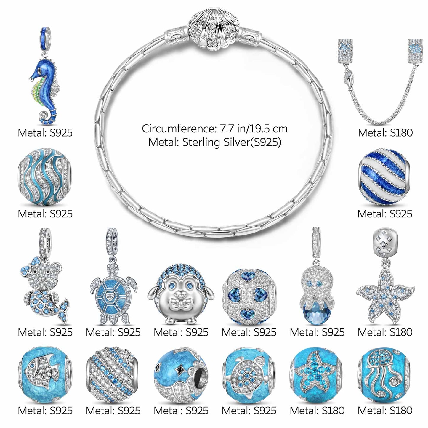 Sterling Silver Marine Life Wonders Charms Bracelet Set With Enamel In White Gold Plated (Includes bracelet and all charms shown)