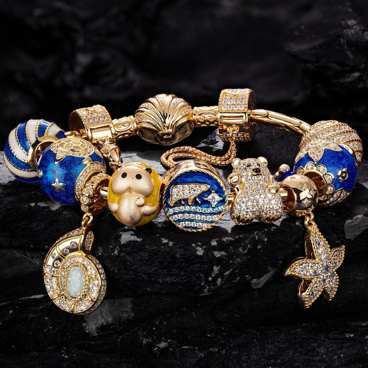 Sterling Silver Return to Nature's Bounty Charms Bracelet Set With Enamel In 14K Gold Plated (Includes bracelet and all charms shown)