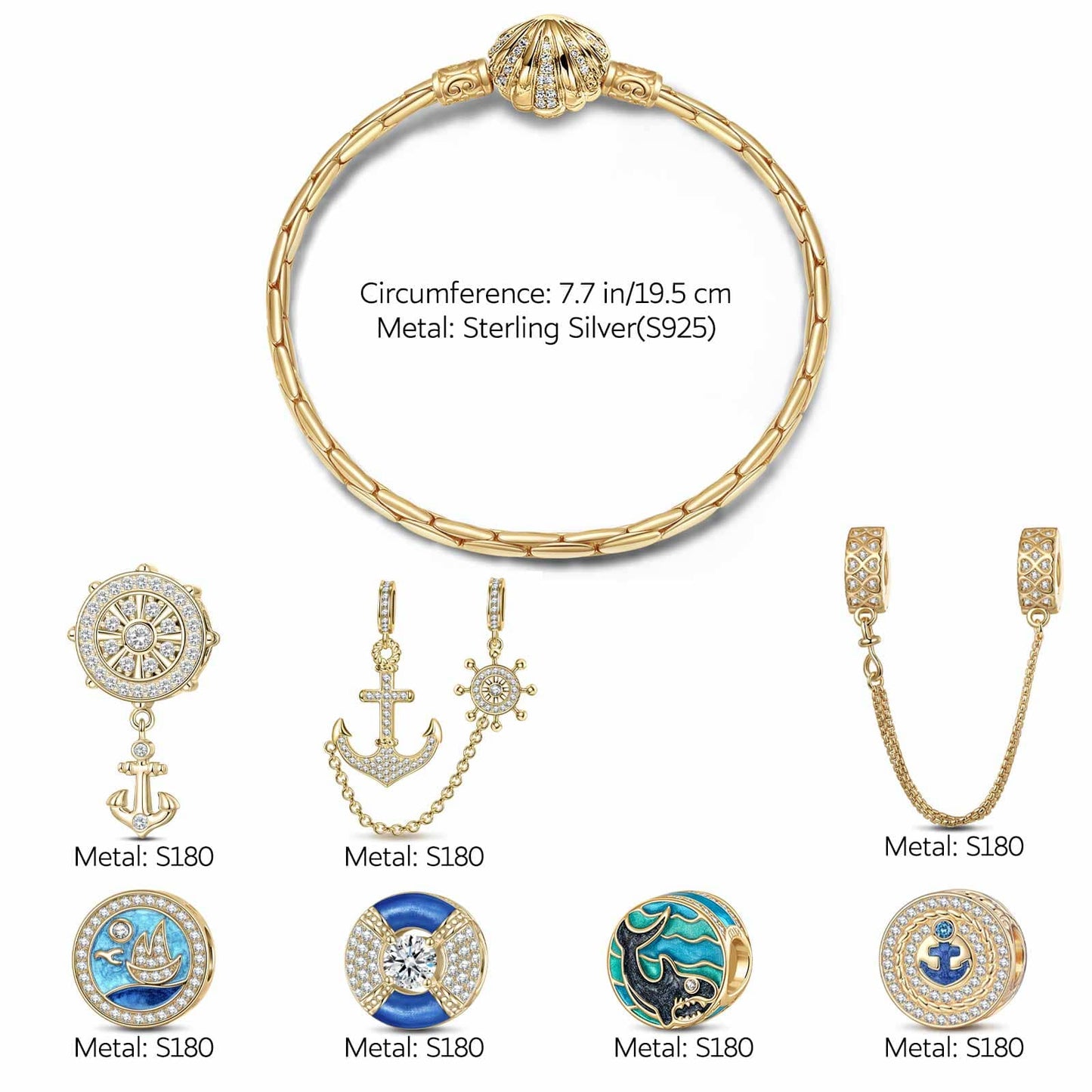 Sterling Silver Ocean Adventure Charms Bracelet Set With Enamel In 14K Gold Plated (Includes bracelet and all charms shown)