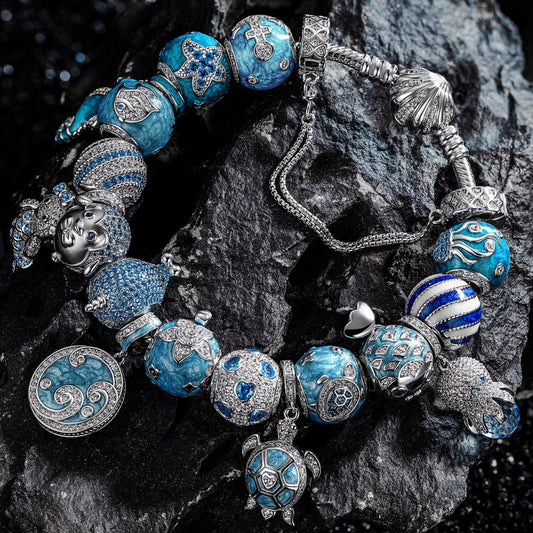 gon- Sterling Silver Exploring the Underwater World Charms Bracelet Set With Enamel In White Gold Plated (Includes bracelet and all charms shown)