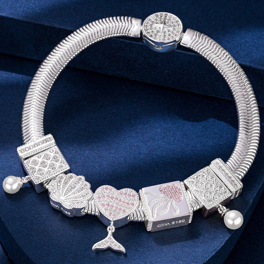 gona- Sterling Silver Mermaid's Trove Rectangular Charms Bracelet Set In White Gold Plated (Includes bracelet and all charms shown)
