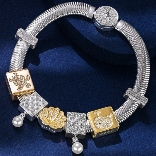 gona- Sterling Silver Seashell Fantasy Rectangular Charms Bracelet Set, Featuring Dual Plating in 14K Gold and White Gold (Includes bracelet and all charms shown)