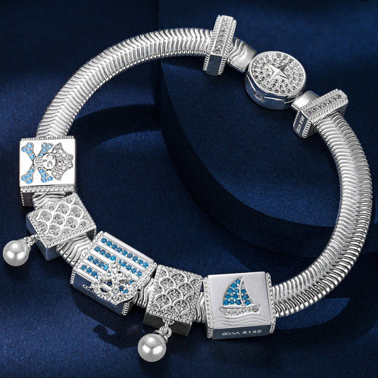 gona- Sterling Silver Pirate's Hoard Rectangular Charms Bracelet Set In White Gold Plated (Includes bracelet and all charms shown)