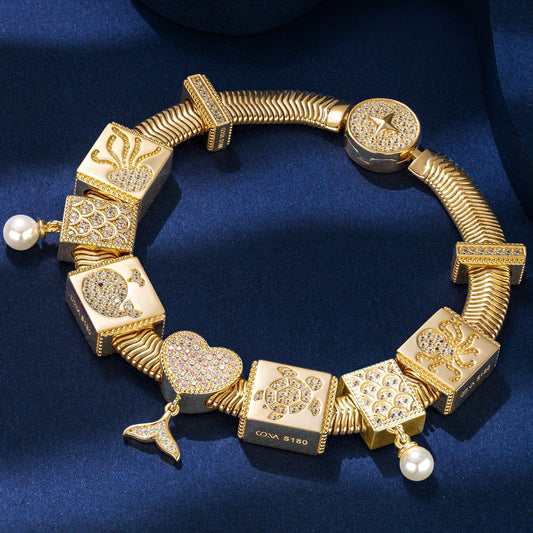 gona- Sterling Silver Ocean Fantasy Rectangular Charms Bracelet Set In 14K Gold Plated (Includes bracelet and all charms shown)
