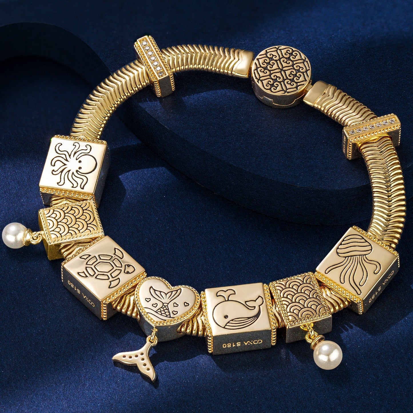 Sterling Silver Ocean Fantasy Rectangular Charms Bracelet Set In 14K Gold Plated (Includes bracelet and all charms shown)