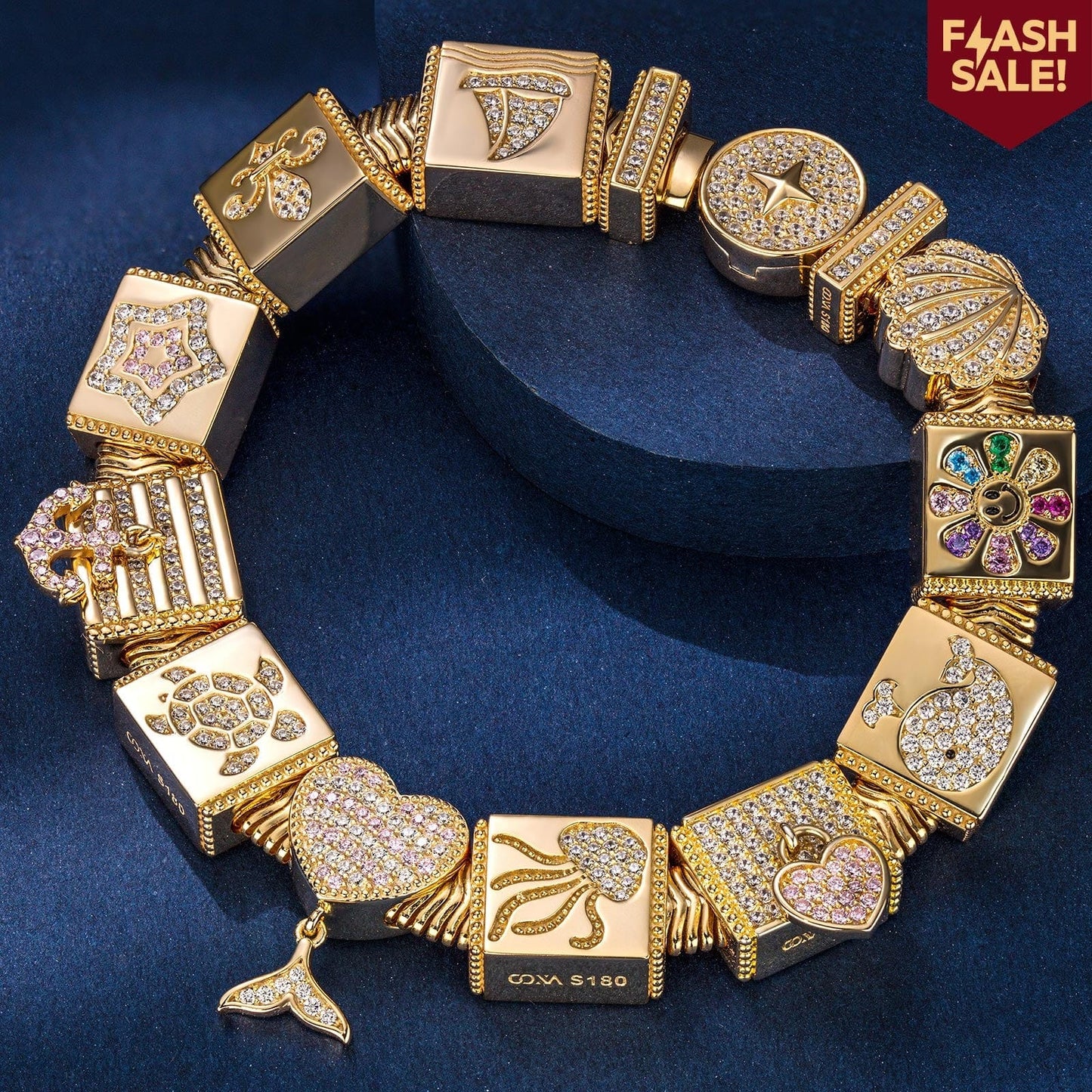 Sterling Silver Seafaring Dreamscapes Rectangular Charms Bracelet Set In 14K Gold Plated (Includes bracelet and all charms shown)