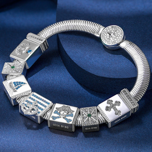 gona- Sterling Silver Pirate's Expedition Rectangular Charms Bracelet Set In White Gold Plated (Includes bracelet and all charms shown)