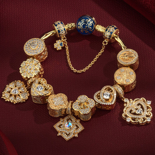 gona- Sterling Silver Shimmering Love Charms Bracelet Set In 14K Gold Plated (Includes bracelet and all charms shown)