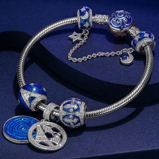 gona- Sterling Silver Eiffel Tower Charms Bracelet Set With Enamel In White Gold Plated (Includes bracelet and all charms shown)