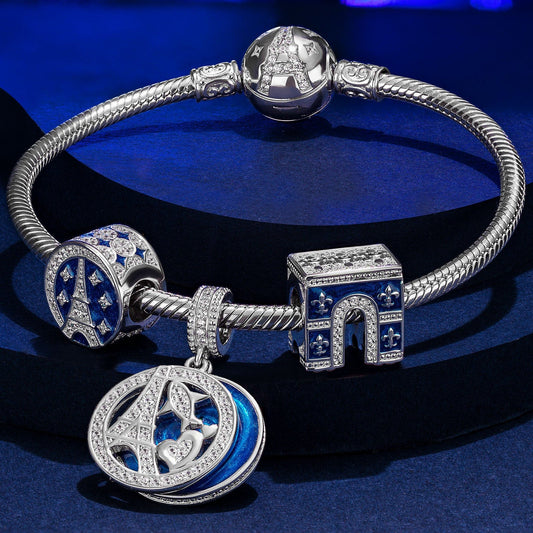 gona- Sterling Silver Poetic Paris Charms Bracelet Set With Enamel In White Gold Plated (Includes bracelet and all charms shown)