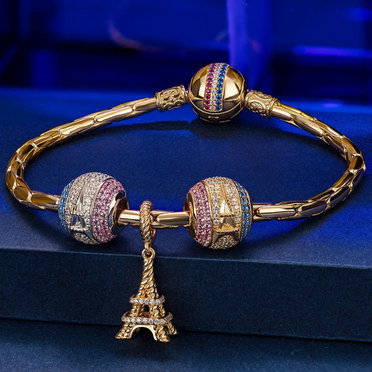 gona- Sterling Silver Paris Symbol Charms Bracelet Set, Featuring Dual Plating in 14K Gold and White Gold (Includes bracelet and all charms shown)