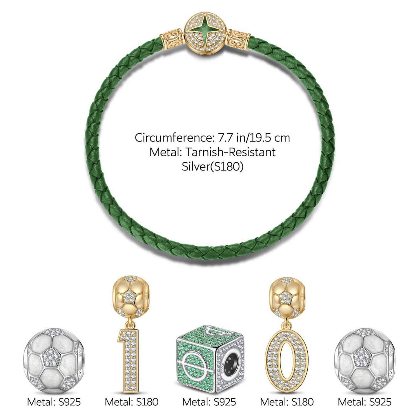 Sterling Silver Soccer King Charms Bracelet Set With Enamel, Featuring Dual Plating in 14K Gold and White Gold (Includes bracelet and all charms shown)