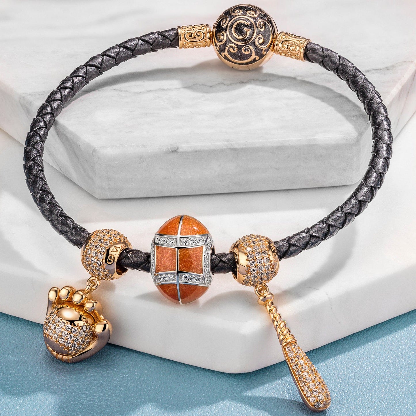 Sterling Silver Awesome Baseball Charms Bracelet Set With Enamel, Featuring Dual Plating in 14K Gold and White Gold (Includes bracelet and all charms shown)