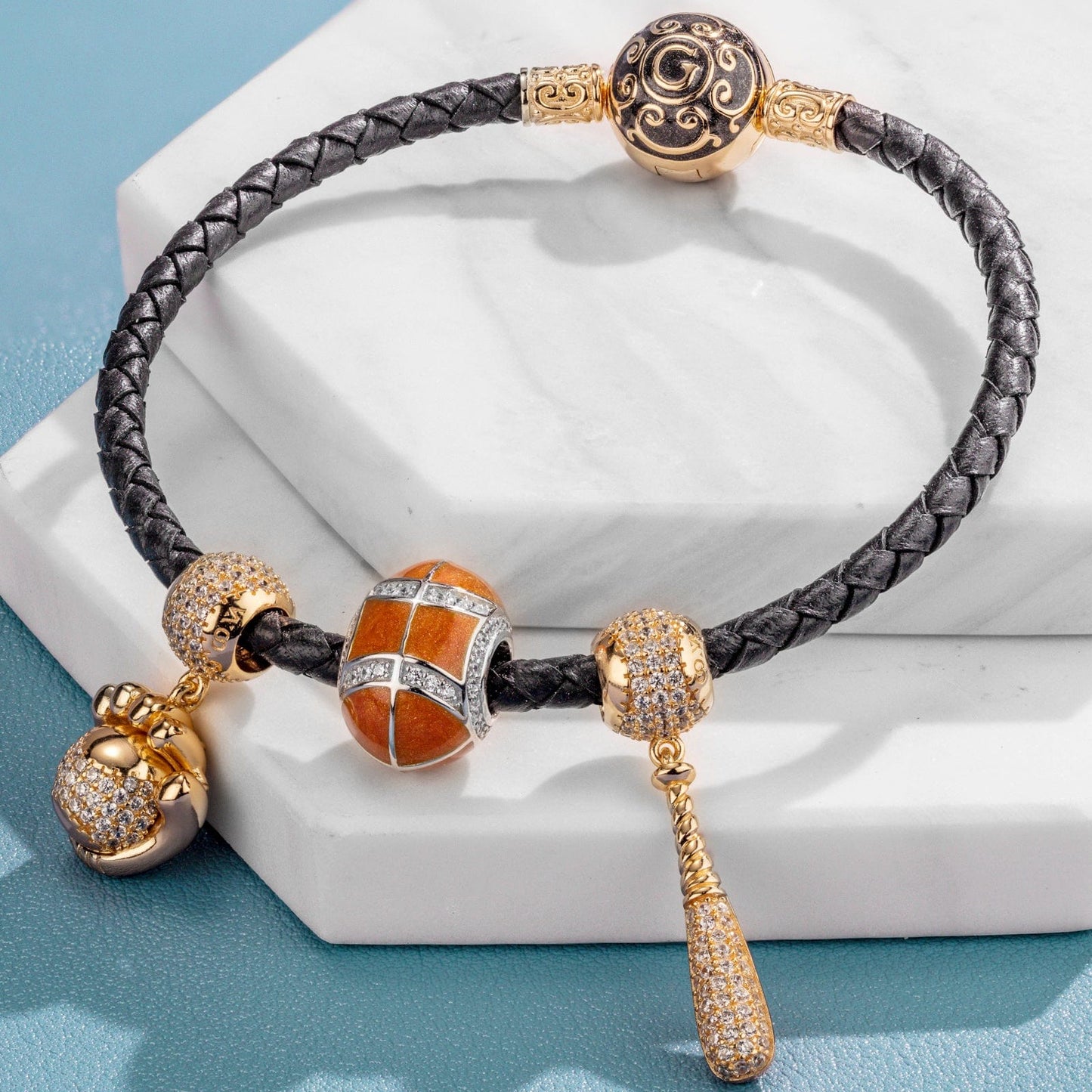 Sterling Silver Awesome Baseball Charms Bracelet Set With Enamel, Featuring Dual Plating in 14K Gold and White Gold (Includes bracelet and all charms shown)