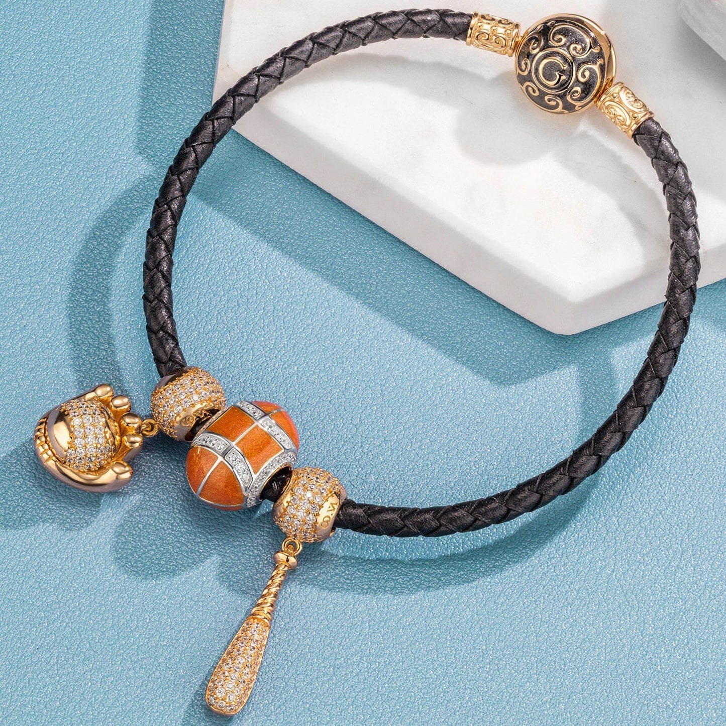 Sterling Silver Awesome Baseball Charms Bracelet Set With Enamel, Featuring Dual Plating in 14K Gold and White Gold (Includes bracelet and all charms shown)