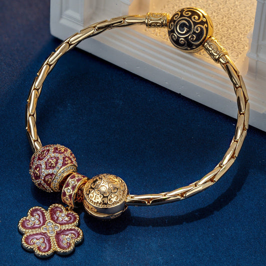 gona- Sterling Silver Lucky Blooms Charms Bracelet Set With Enamel In 14K Gold Plated (Includes bracelet and all charms shown)