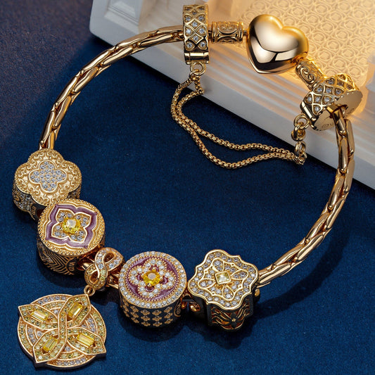 gona- Sterling Silver Dazzling Windows Charms Bracelet Set With Enamel In 14K Gold Plated (Includes bracelet and all charms shown)