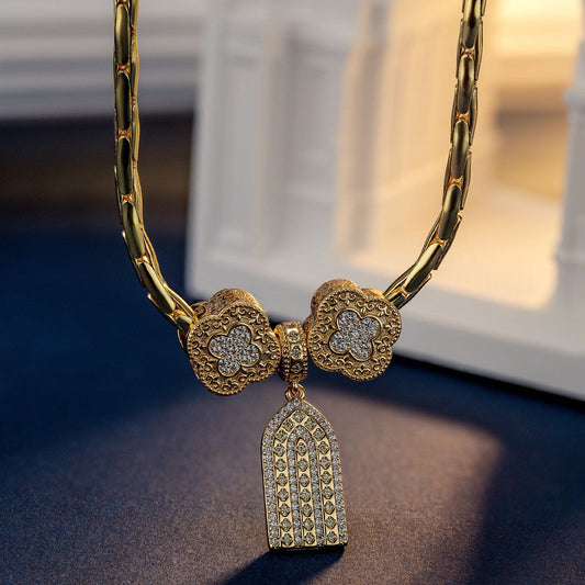 gon- Sterling Silver Graceful Golden Clover Charms Necklace Set In 14K Gold Plated