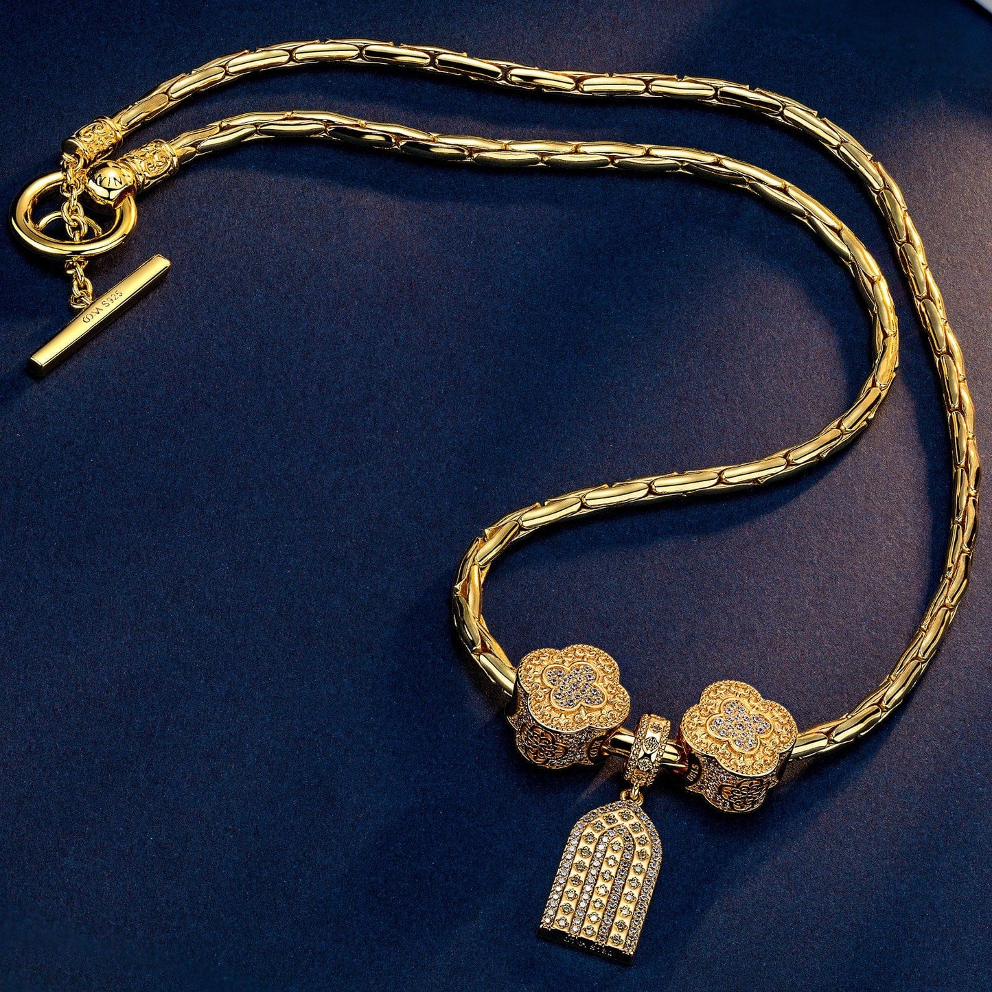 Sterling Silver Graceful Golden Clover Charms Necklace Set In 14K Gold Plated