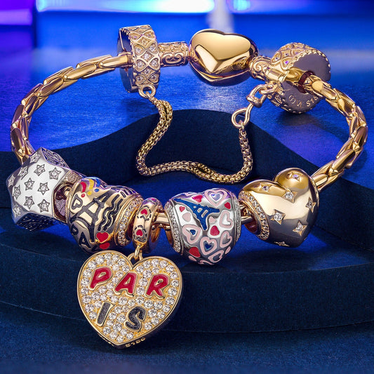 gona- Sterling Silver Stars And Hearts Charms Bracelet Set With Enamel, Featuring Dual Plating in 14K Gold and White Gold (Includes bracelet and all charms shown)