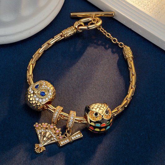 gona- Sterling Silver Owl of Wisdom Charms Bracelet Set With Enamel In 14K Gold Plated (Includes bracelet and all charms shown)